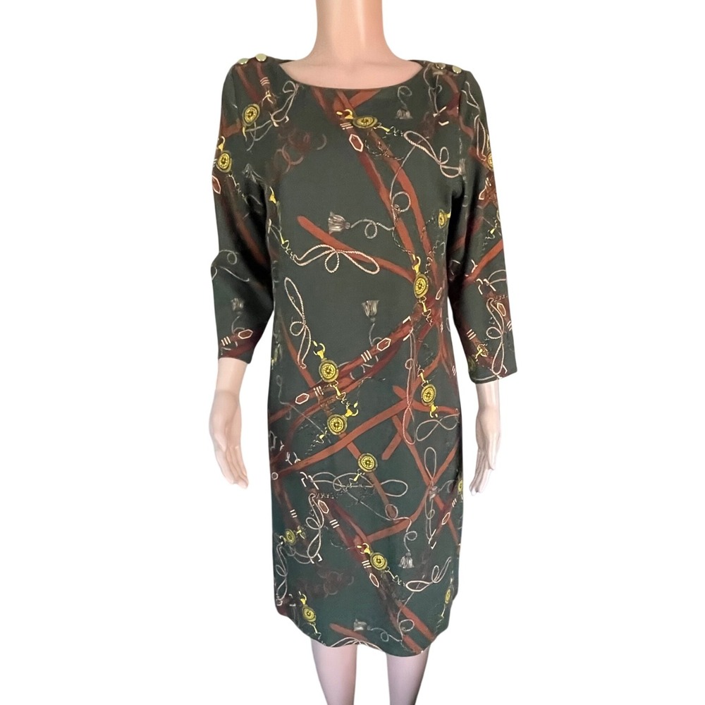 Talbots Green Chain Print Sheath Dress 3/4 Sleeve Nautical Equestrian Women's 12
